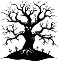 Halloween tree silhouette with scary face illustration vector