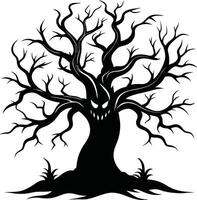 Halloween tree silhouette with scary face illustration vector