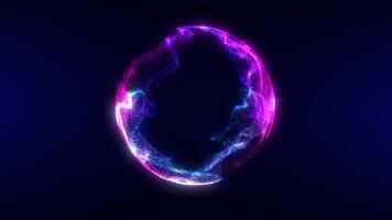 abstrato volta esfera do brilhante Rosa e azul partículas do mágico brilho em uma Sombrio fundo, energia bola do brilhante pontos, movimento do uma esférico bola. desatado looping 4k video