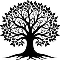 A black and white tree silhouette with roots and leaves vector