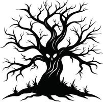 Halloween tree silhouette with scary face illustration vector