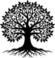 A black and white tree silhouette with roots and leaves vector