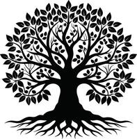 A black and white tree silhouette with roots and leaves vector