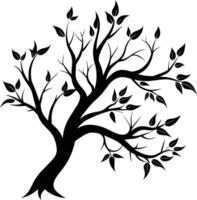 A black and white silhouette of a tree branch with leaves vector