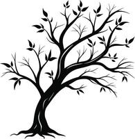 A black and white silhouette of a tree branch with leaves vector