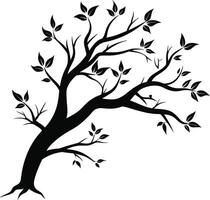 A black and white silhouette of a tree branch with leaves vector