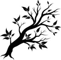 A black and white silhouette of a tree branch with leaves vector