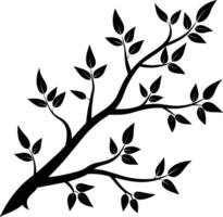 A black and white silhouette of a tree branch with leaves vector