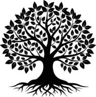 A black and white tree silhouette with roots and leaves vector