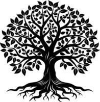 A black and white tree silhouette with roots and leaves vector