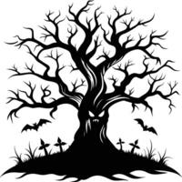 Halloween tree silhouette with scary face illustration vector