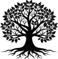 A black and white tree silhouette with roots and leaves vector