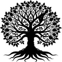 A black and white tree silhouette with roots and leaves vector