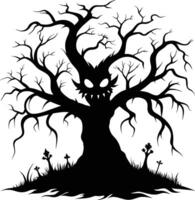 Halloween tree silhouette with scary face illustration vector