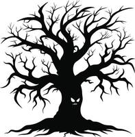 Halloween tree silhouette with scary face illustration vector