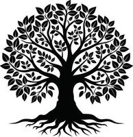 A black and white tree silhouette with roots and leaves vector