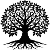 A black and white tree silhouette with roots and leaves vector