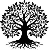 A black and white tree silhouette with roots and leaves vector