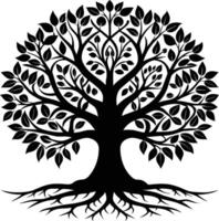 A black and white tree silhouette with roots and leaves vector