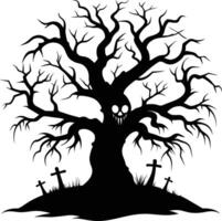 Halloween tree silhouette with scary face illustration vector