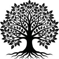 A black and white tree silhouette with roots and leaves vector