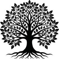 A black and white tree silhouette with roots and leaves vector