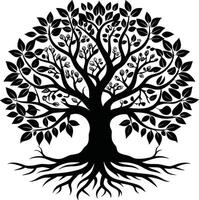 A black and white tree silhouette with roots and leaves vector