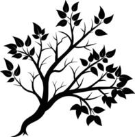 A black and white silhouette of a tree branch with leaves vector