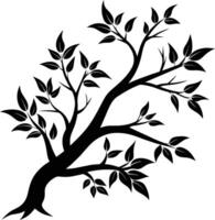 A black and white silhouette of a tree branch with leaves vector