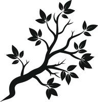 A black and white silhouette of a tree branch with leaves vector