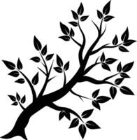 A black and white silhouette of a tree branch with leaves vector