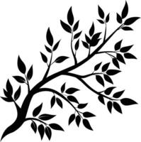 A black and white silhouette of a tree branch with leaves vector