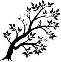 A black and white silhouette of a tree branch with leaves vector