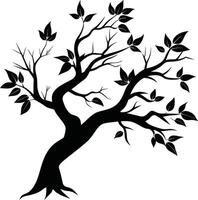 A black and white silhouette of a tree branch with leaves vector