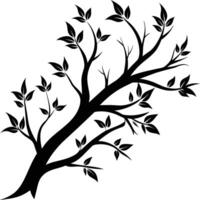 A black and white silhouette of a tree branch with leaves vector