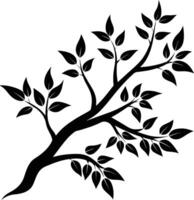 A black and white silhouette of a tree branch with leaves vector