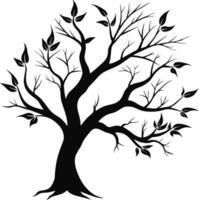 A black and white silhouette of a tree branch with leaves vector