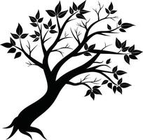 A black and white silhouette of a tree branch with leaves vector