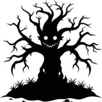 Halloween tree silhouette with scary face illustration vector