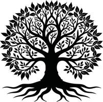 A black and white tree silhouette with roots and leaves vector