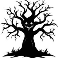 Halloween tree silhouette with scary face illustration vector