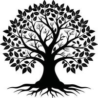 A black and white tree silhouette with roots and leaves vector