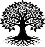 A black and white tree silhouette with roots and leaves vector