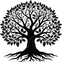 A black and white tree silhouette with roots and leaves vector