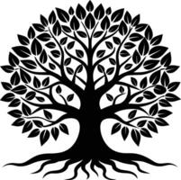 A black and white tree silhouette with roots and leaves vector