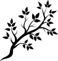 A black and white silhouette of a tree branch with leaves vector