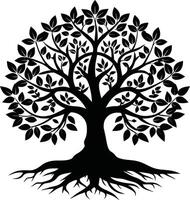 A black and white tree silhouette with roots and leaves vector