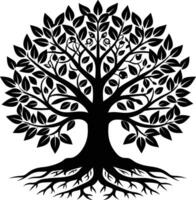 A black and white tree silhouette with roots and leaves vector