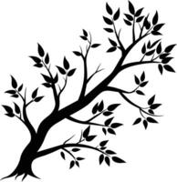 A black and white silhouette of a tree branch with leaves vector