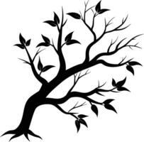 A black and white silhouette of a tree branch with leaves vector